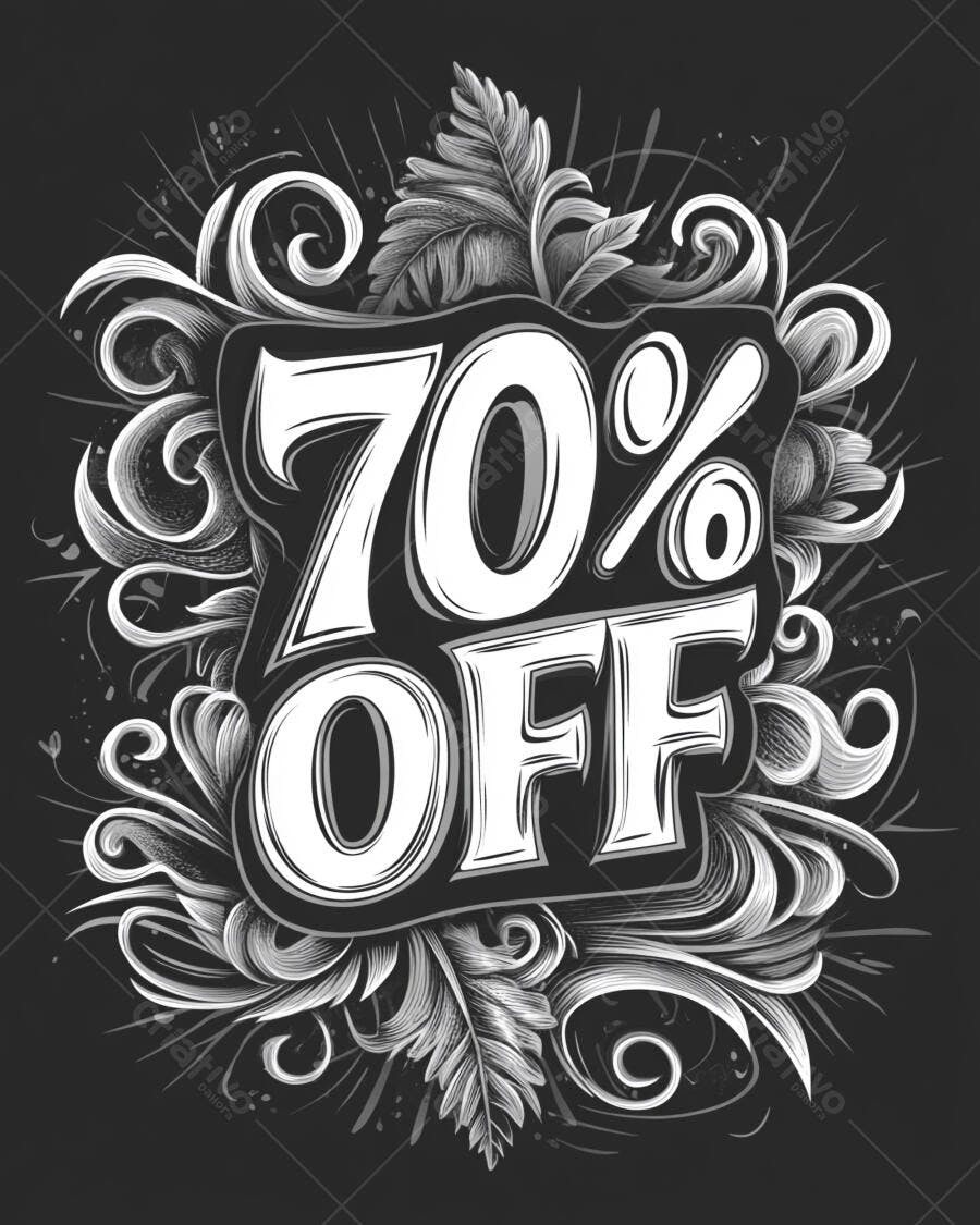 Desconto 70% OFF vintage com ornamentos florais em fundo preto