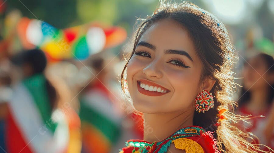 Mulher latina jovem sorrindo em festival cultural com vestimenta colorida e brincos