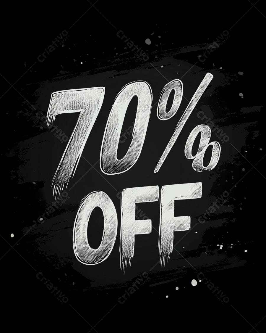 Oferta 70% OFF em estilo chalk branco sobre fundo preto grunge