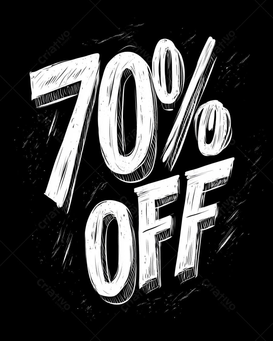 Oferta 70% OFF estilo desenhado à mão sobre fundo preto grunge