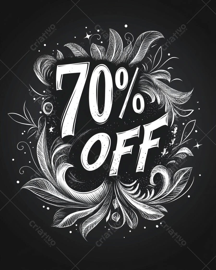 Desconto 70 por cento estilo giz floral em quadro negro