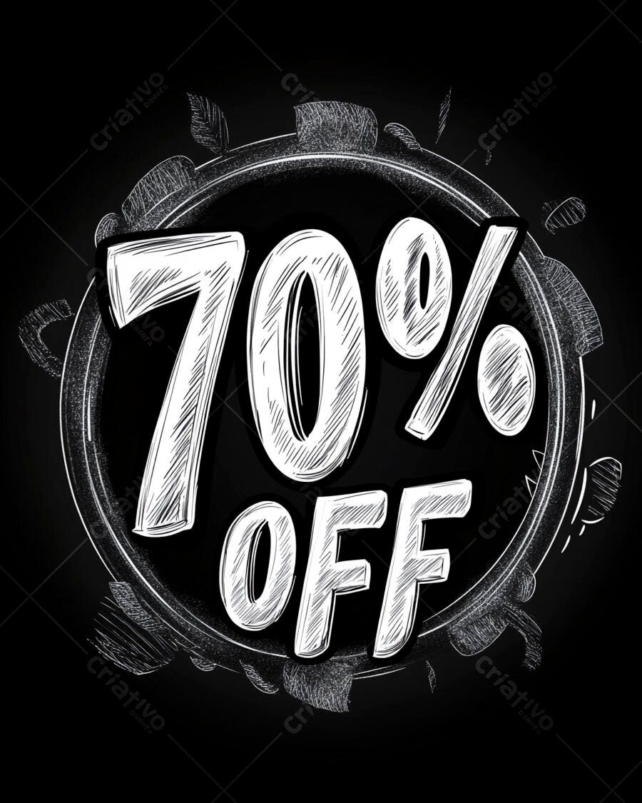 Letreiro 70% OFF estilo giz em fundo preto para promoção