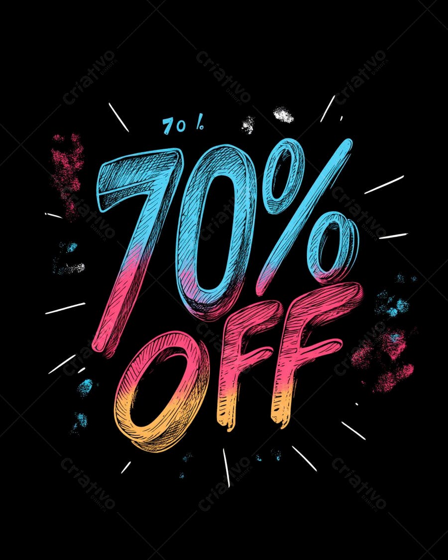 Desconto de 70% OFF oferta promocional vibrante com cores desenhadas