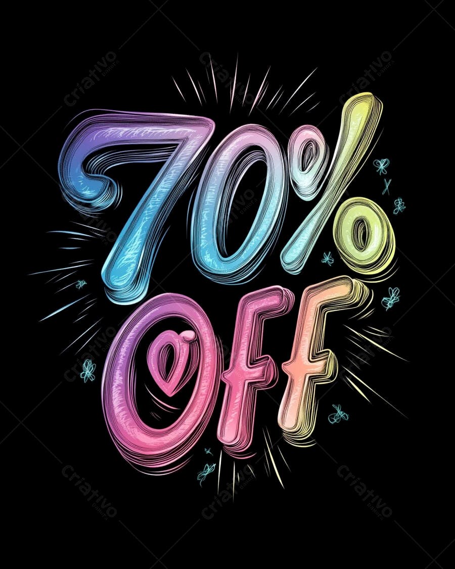 70% OFF em letras vibrantes neon gradiente fundo preto