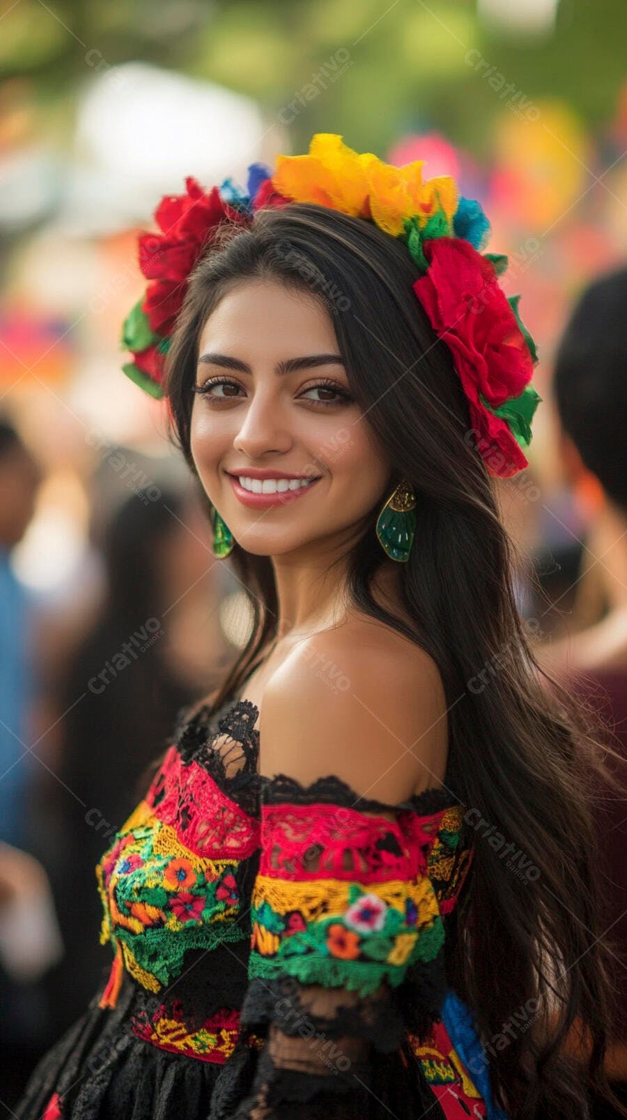 Mulher latina sorrindo com coroa de flores coloridas em festa cultural