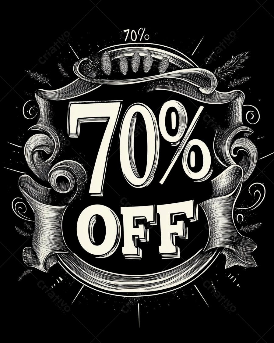 Oferta 70% OFF estilo vintage lousa com ornamentos e tipografia clássica