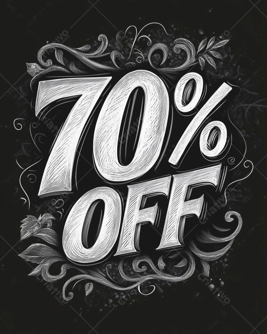 Desconto 70% OFF em estilo giz sobre lousa preta com arabescos brancos