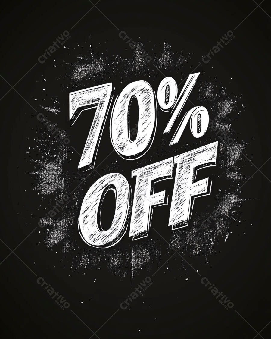 70% OFF desconto promocional em tipografia giz no fundo preto