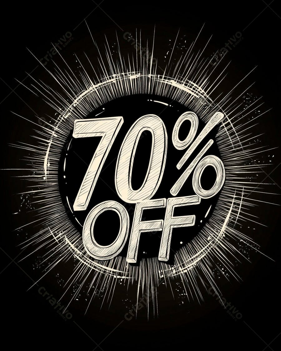 Desconto 70% OFF gráfico promocional estilo grunge preto e branco