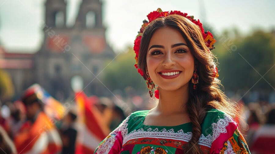 Mulher latina sorrindo com vestido folclórico e tiara de flores em celebração