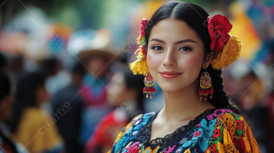 Mulher latina jovem sorrindo com roupa e flores tradicionais em festival colorido