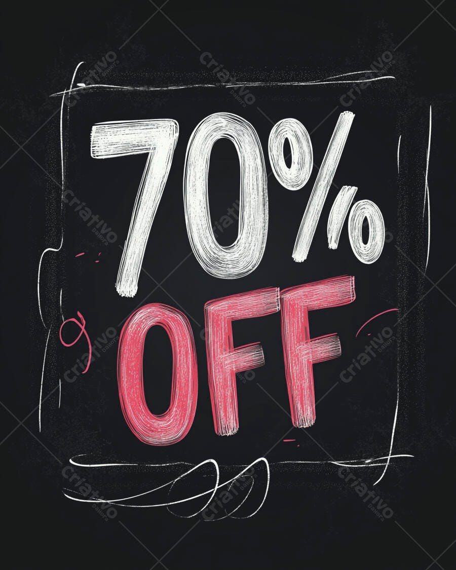 Desconto de 70 OFF em giz rosa e branco sobre fundo preto para promoção