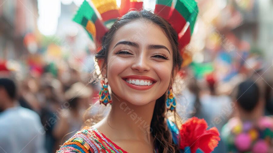 Mulher latina sorrindo feliz em festival cultural colorido