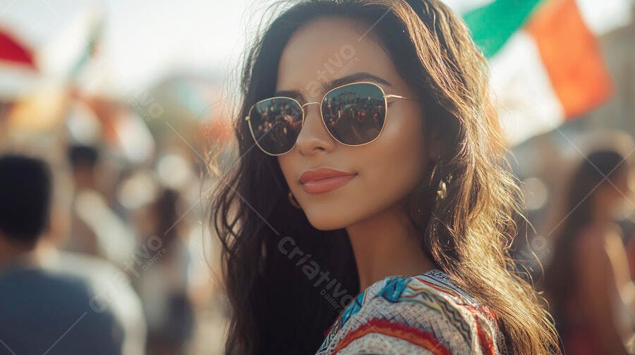 Mulher jovem morena com óculos de sol em festival cultural ensolarado