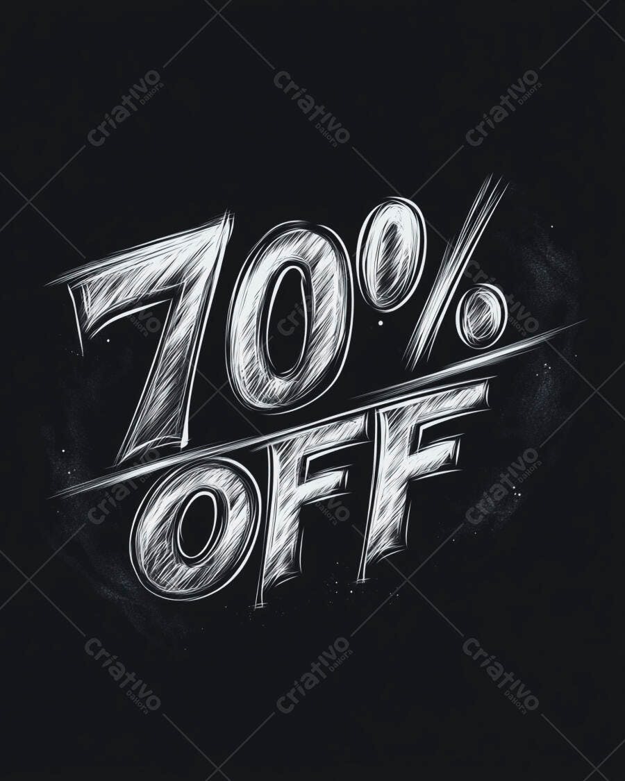 70% OFF em estilo giz branco sobre fundo preto com textura