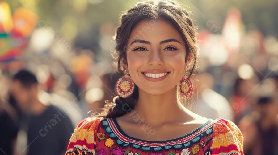 Mulher latina sorrindo com blusa bordada em festival cultural ensolarado