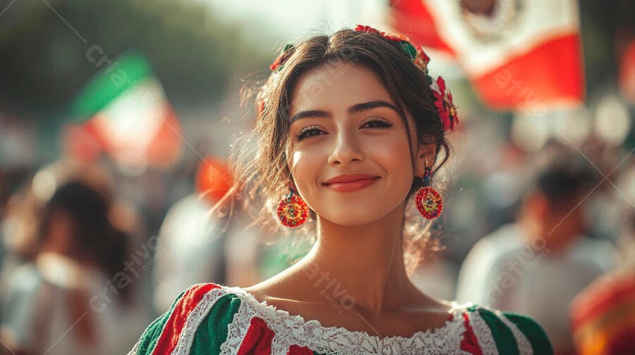 Mulher mexicana sorrindo em traje verde e vermelho durante celebração cultural
