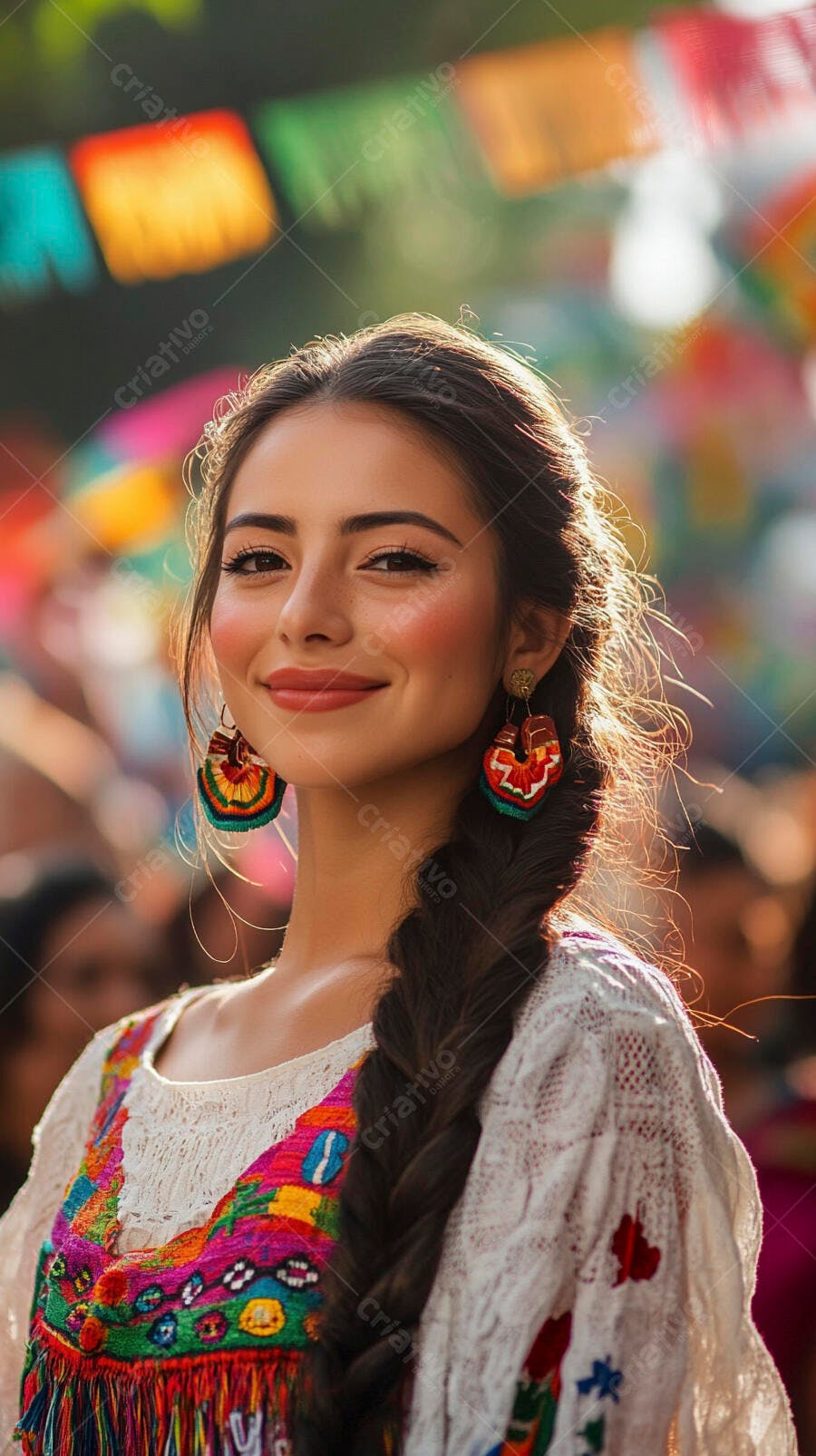 Mulher latina sorrindo em blusa bordada colorida em festa popular