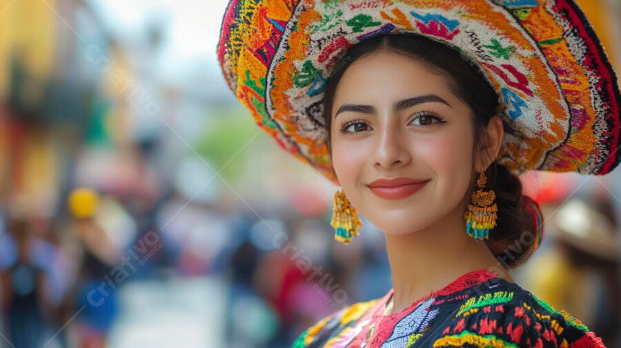 Mulher latina feliz com chapéu artesanal colorido e brincos tradicionais em rua vibrante