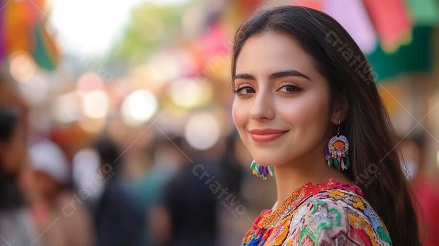 Mulher latina sorrindo com vestimenta colorida e brincos artesanais em festival