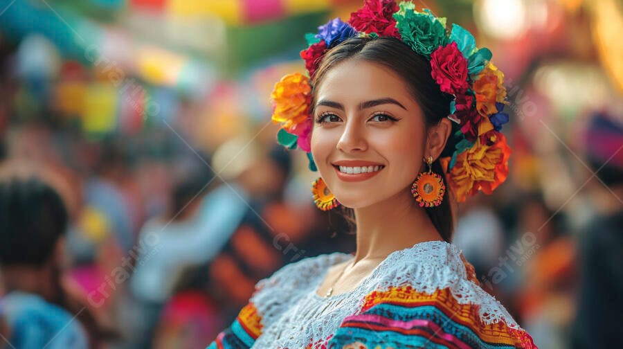 Mulher latina feliz com coroa de flores em festa cultural vibrante