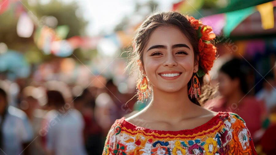 Mulher jovem latina sorrindo em festa popular com flores coloridas no cabelo