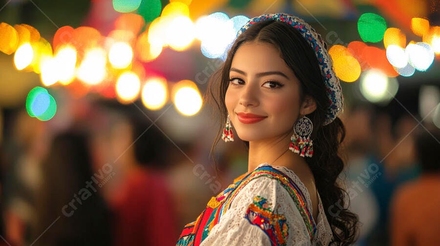 Mulher latina sorrindo em traje tradicional bordado com brincos e fundo bokeh festivo