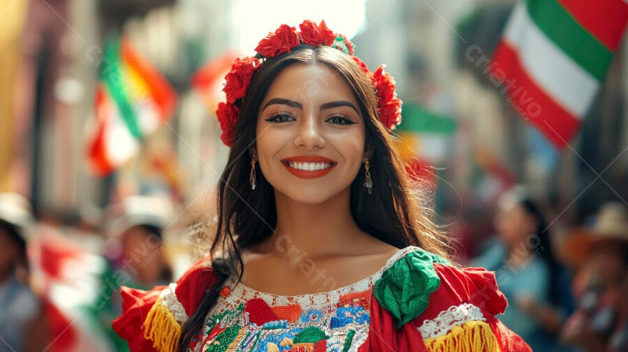 Mulher mexicana sorrindo com coroa de flores e vestido vermelho bordado em festival