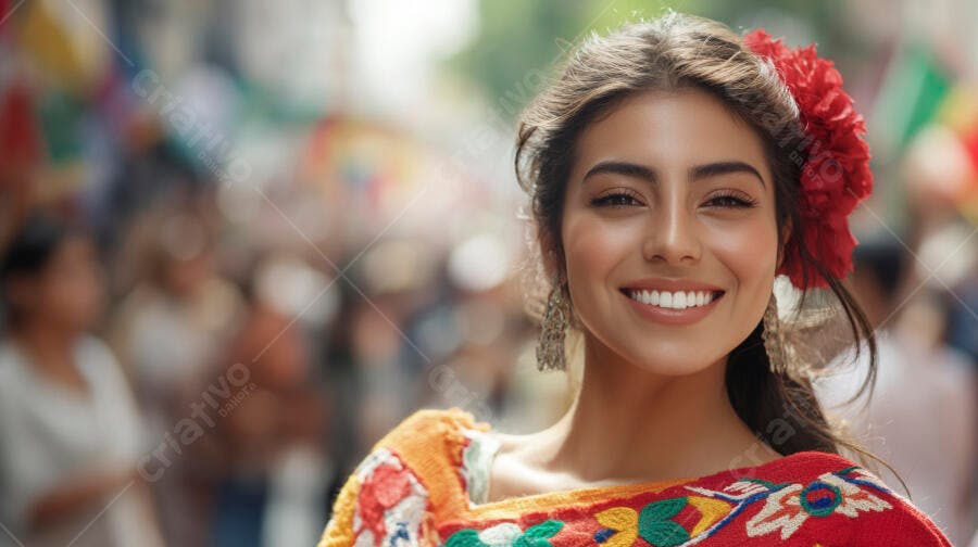 Mulher latina jovem sorrindo com flor vermelha no cabelo e blusa bordada em rua festiva