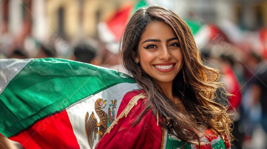 Mulher mexicana sorridente com bandeira vibrante em celebração cultural