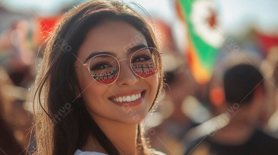 Mulher latina feliz de óculos redondos com reflexo de bandeira em evento ensolarado