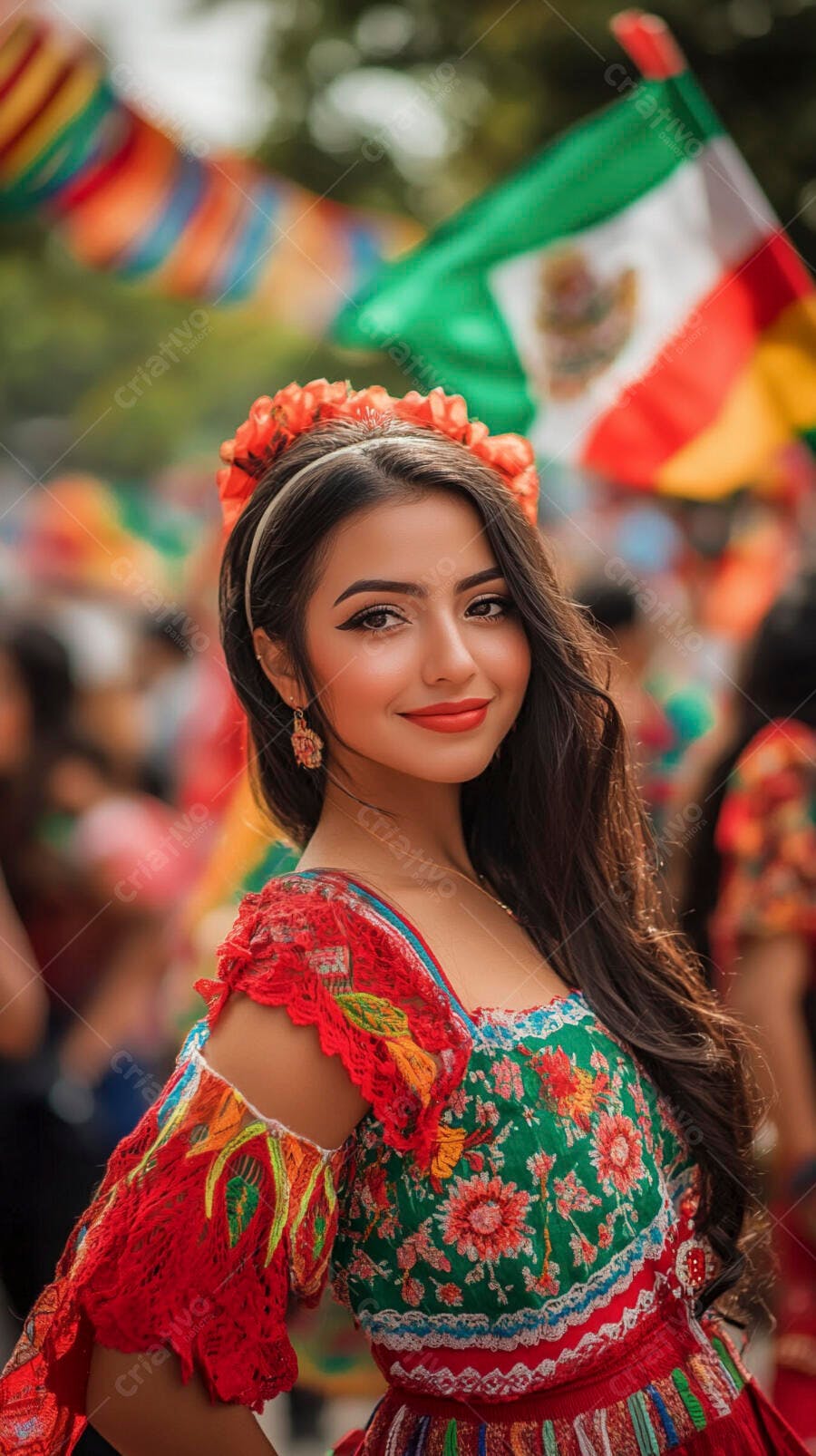 Mulher mexicana sorrindo em vestido tradicional vibrante durante festival