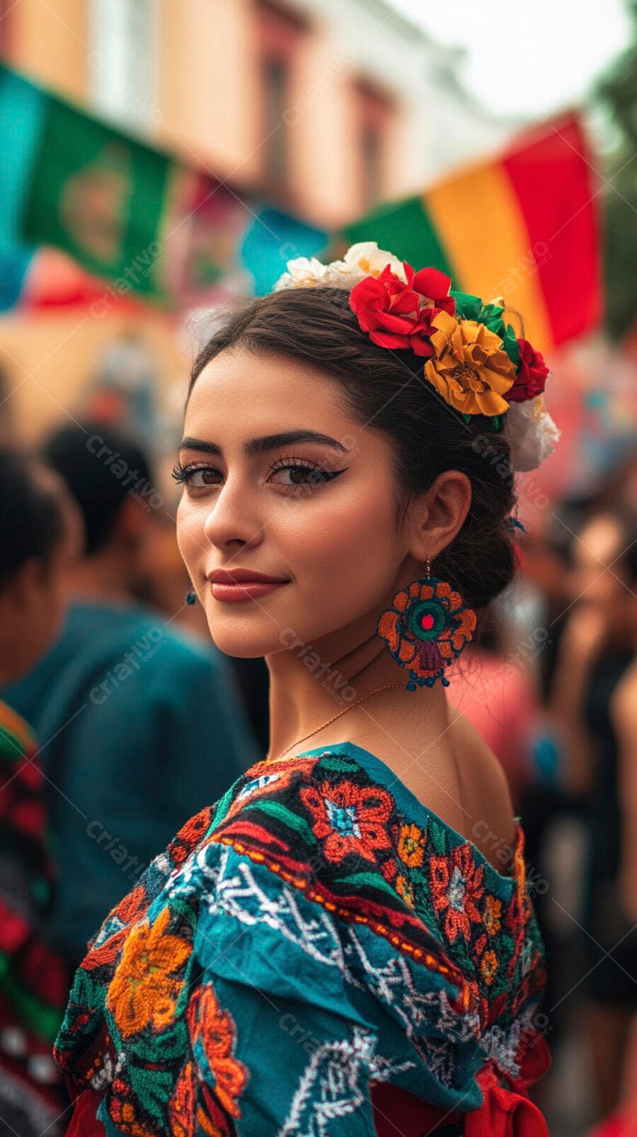 Mulher latina feliz em vestido bordado e flores na cabeça durante festival cultural