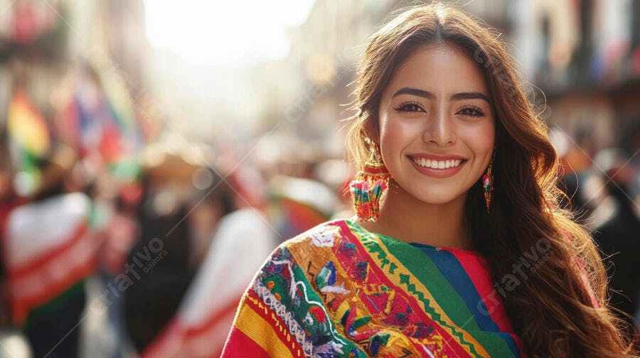 Mulher latina sorrindo em poncho colorido vibrante em festival de rua