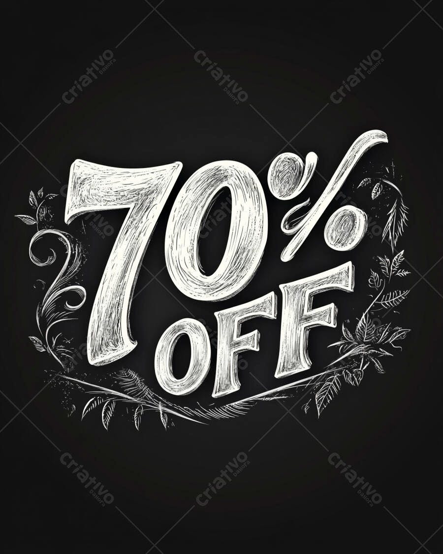 Desconto de 70% off em estilo giz com fundo preto e folhagens decorativas