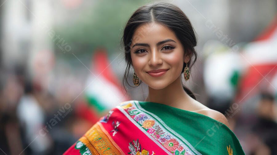 Mulher latina sorridente com xale bordado colorido em vermelho e verde