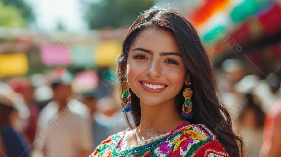 Jovem mulher latina sorrindo com brinco colorido em festa popular vibrante