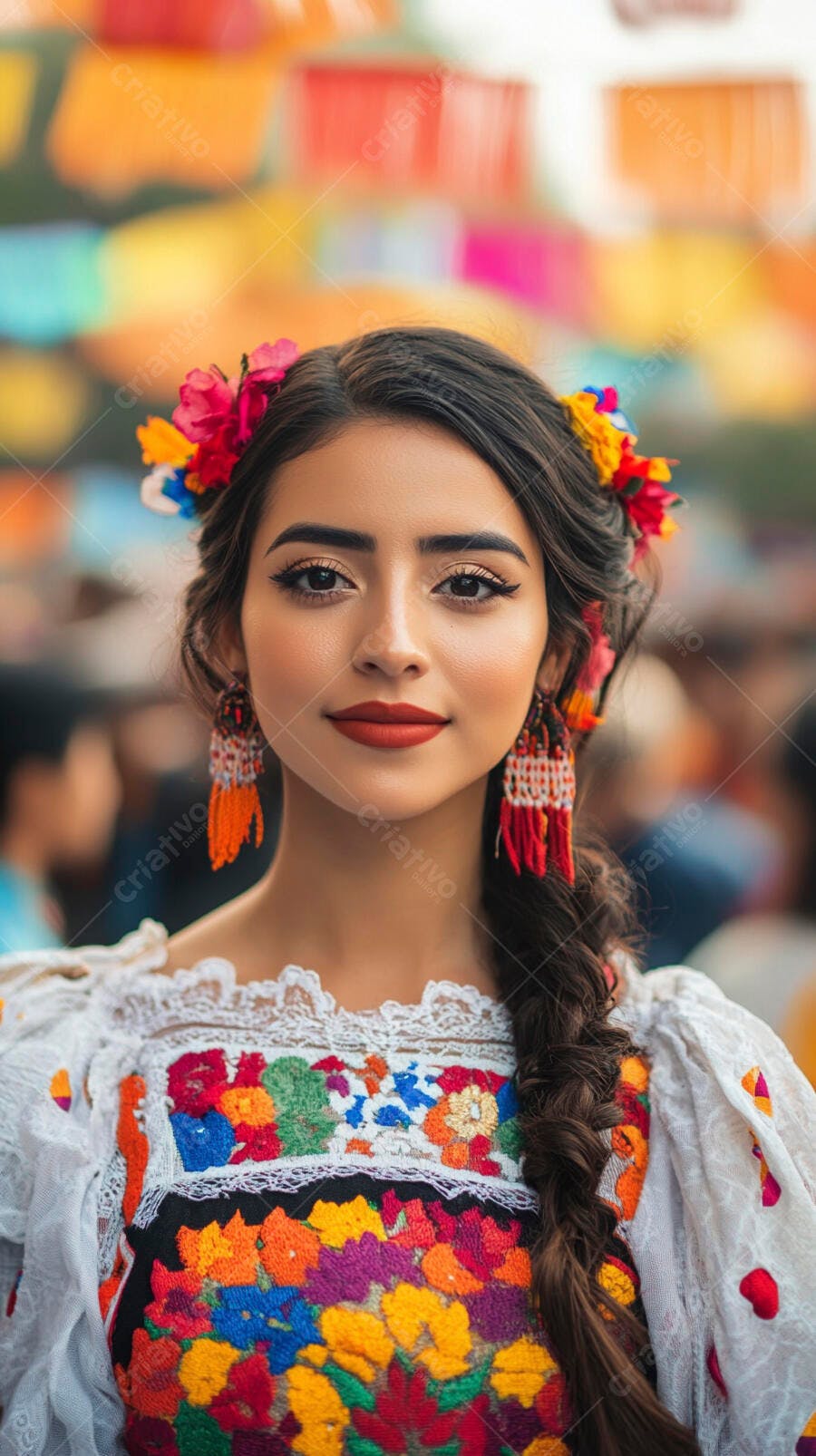 Mulher mexicana jovem sorrindo com traje tradicional bordado e flores coloridas no cabelo em festa