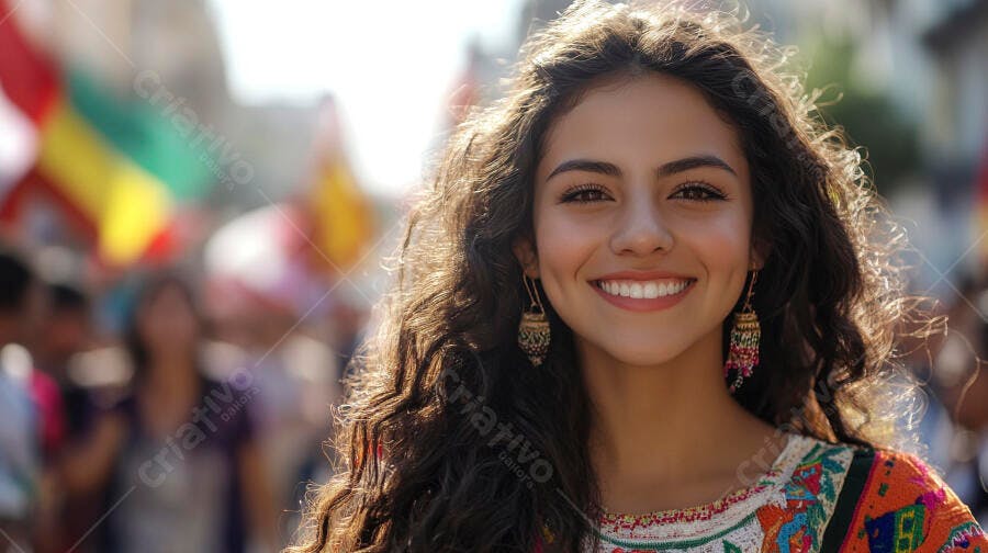 Mulher latina sorrindo em festival com blusa bordada e cabelos cacheados