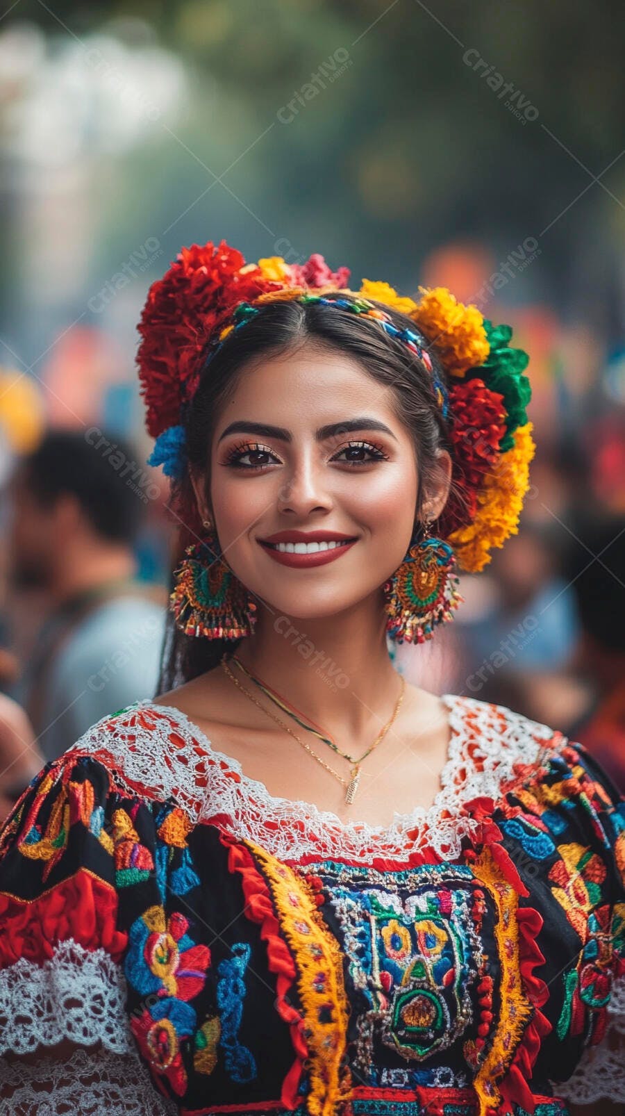 Mulher latina sorrindo com vestido tradicional colorido e flores na cabeça em festa