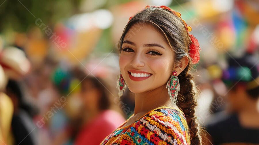 Mulher latina jovem sorrindo com traje tradicional em evento cultural vibrante