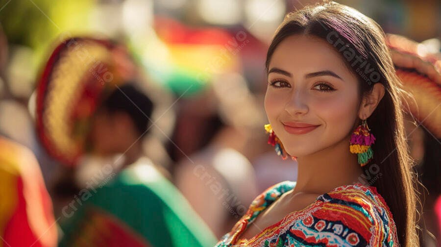 Mulher latina sorrindo em festival cultural com blusa bordada colorida