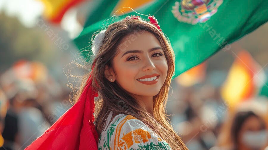 Mulher latina feliz sorrindo em celebração mexicana com bandeira verde