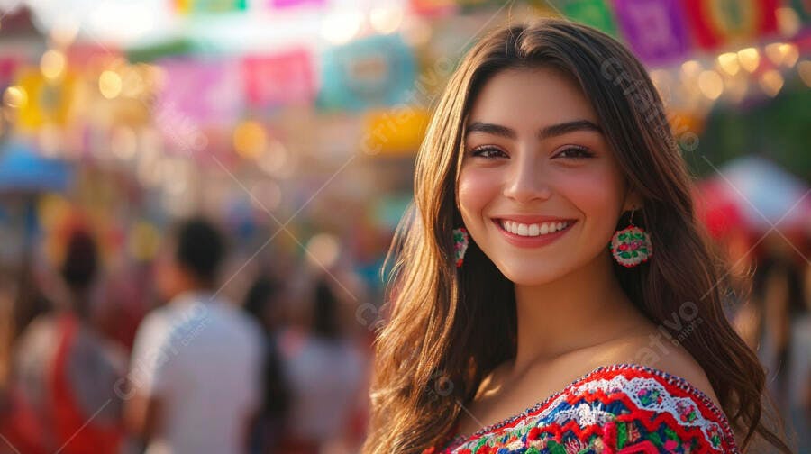 Mulher latina sorrindo em festival colorido ao pôr do sol