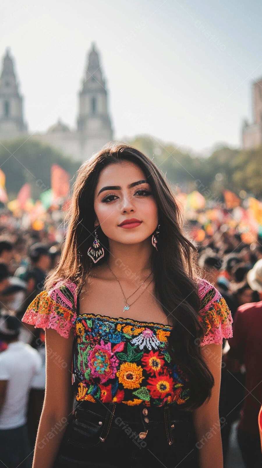Jovem mulher latina em blusa floral bordada vibrante durante festival cultural