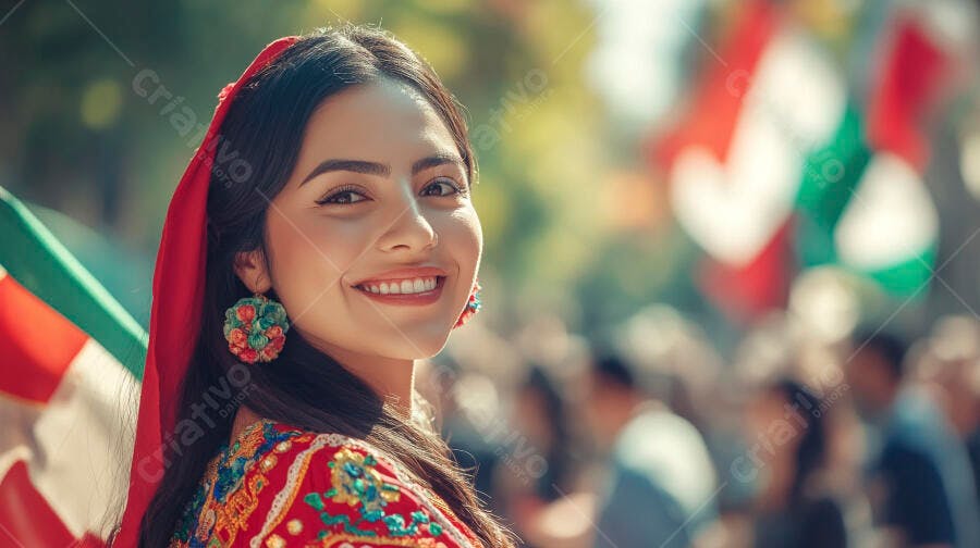 Mulher sorridente com lenço vermelho em festival cultural