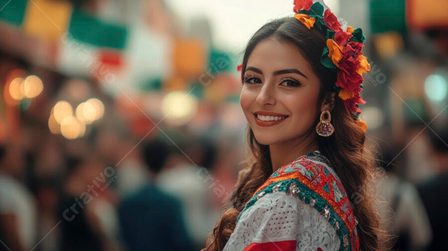 Mulher latina sorrindo com traje tradicional e flores na cabeça em festa de rua