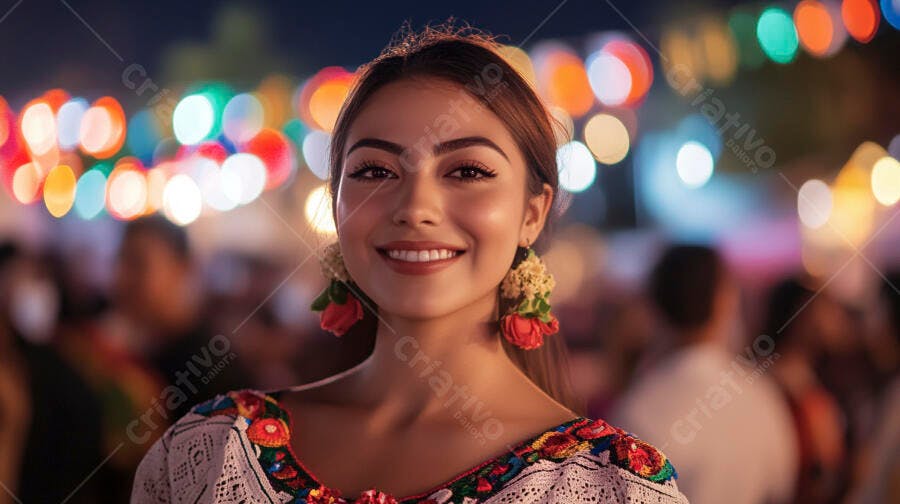 Mulher latina feliz com brincos florais em festa noturna colorida