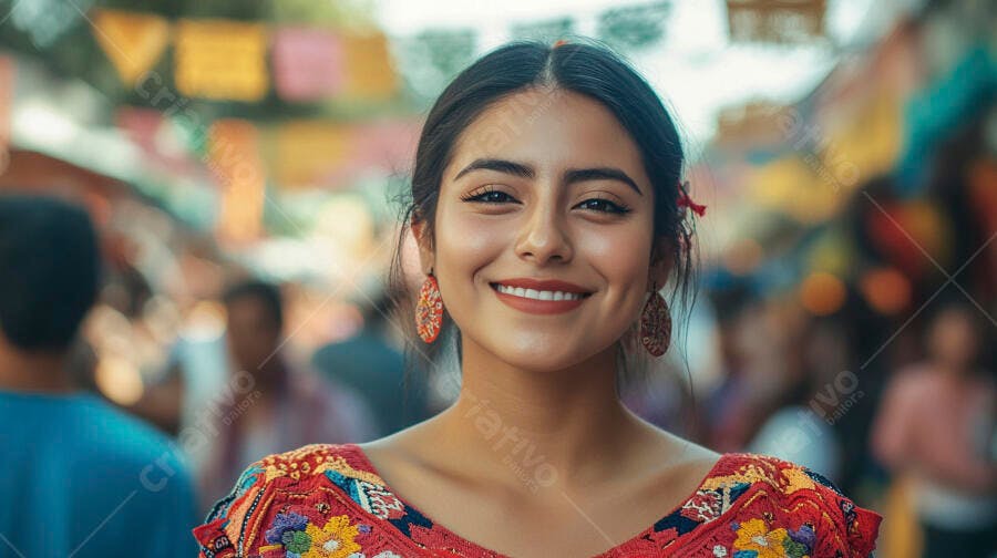 Mulher latina jovem sorrindo com blusa bordada vibrante em mercado festivo
