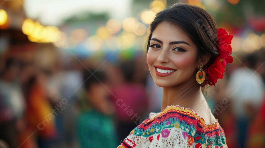Jovem mulher latina sorrindo com flor vermelha em festival cultural